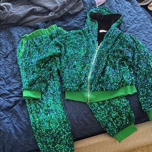 Lola + The Boys Emerald Sequin Jacket and joggers